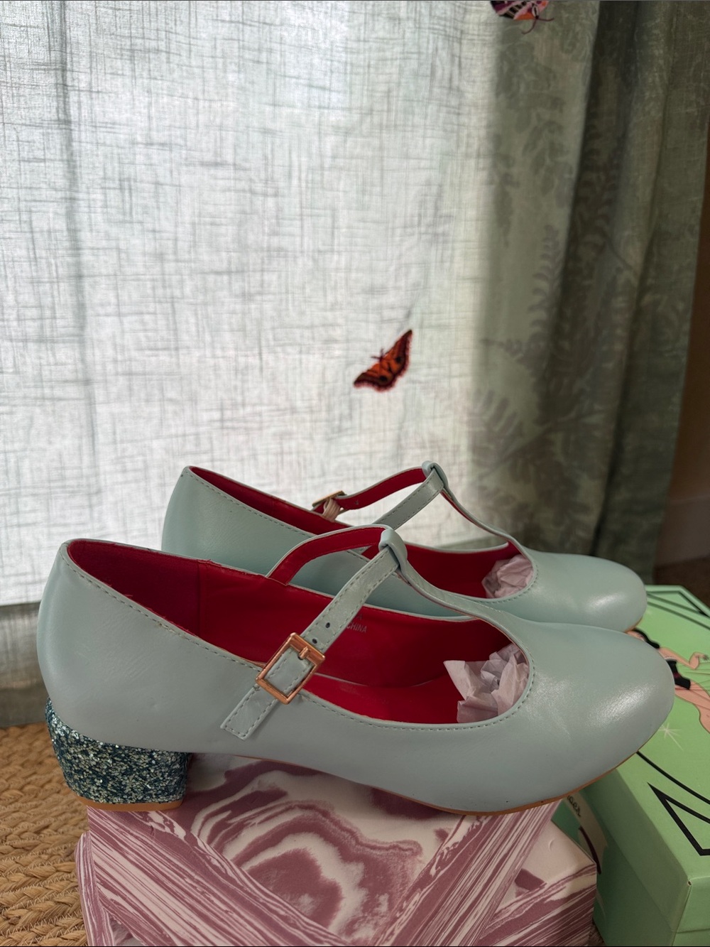 Women’s Light Blue T-Strap Heels with Glitter Block Heel